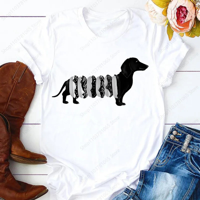 Dachshund Teckel Cute Dog T-shirt for Women Short Sleeve Casual Tops Ladies  Anime T Shirt Printed White T Shirt Women Tees