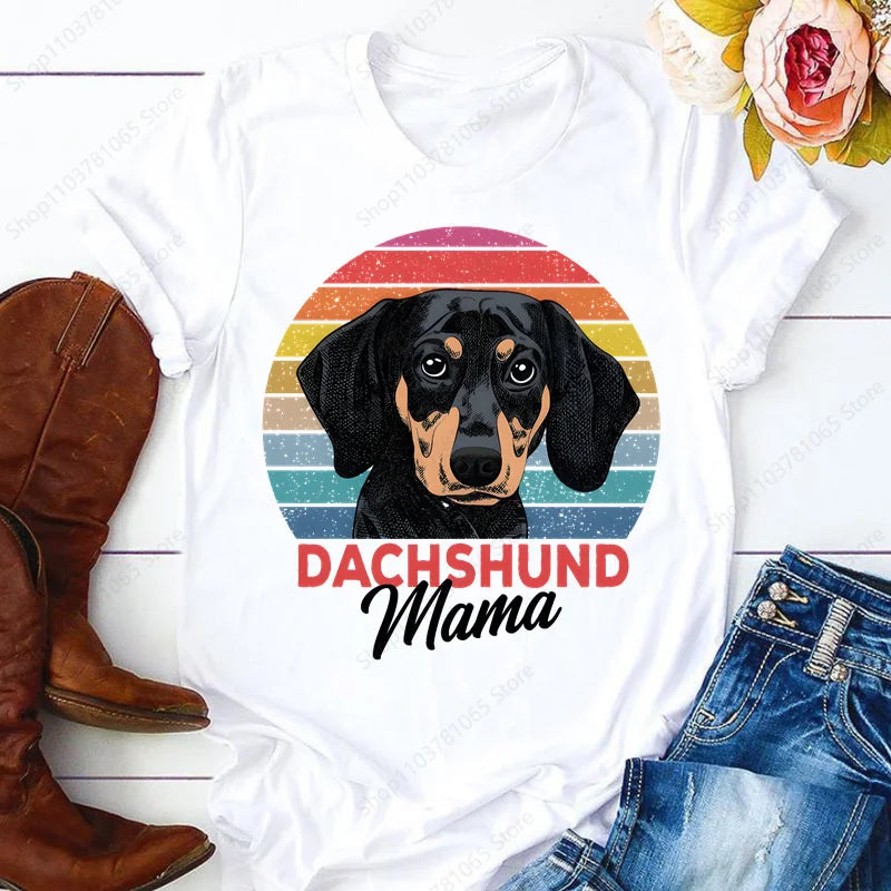 Dachshund Cute Dog T-shirt for Women Short Sleeve Casual Tops Ladies