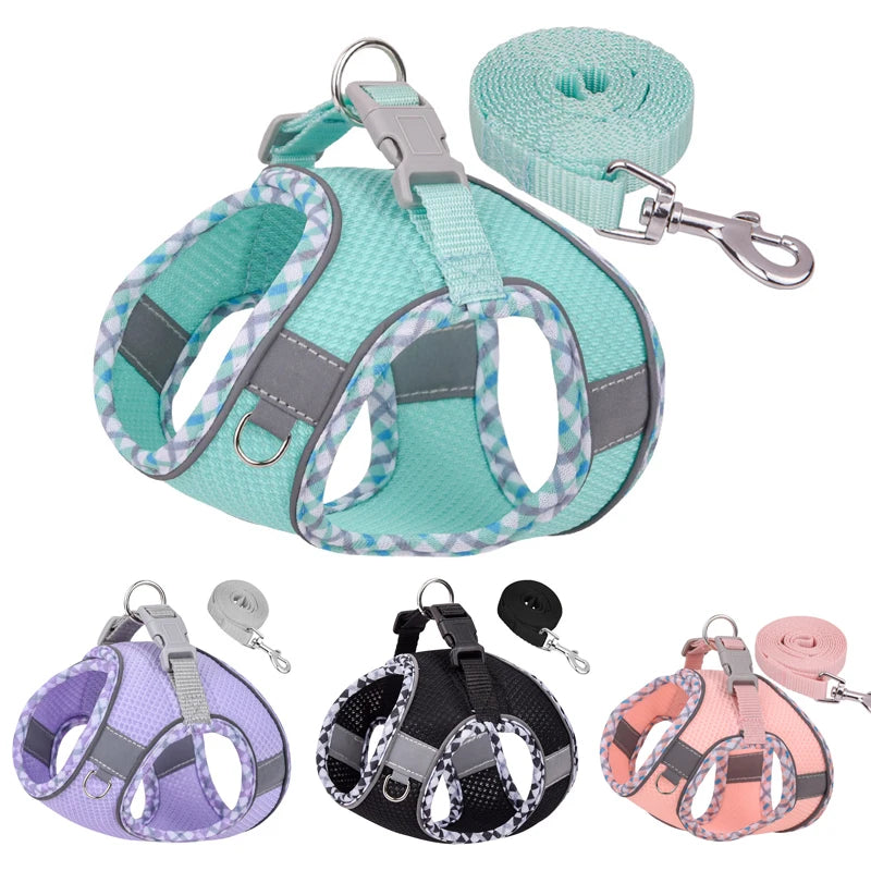 Reflective Plaid Dog Harness & Leash Set – Step-In Mesh Vest for Dachshunds