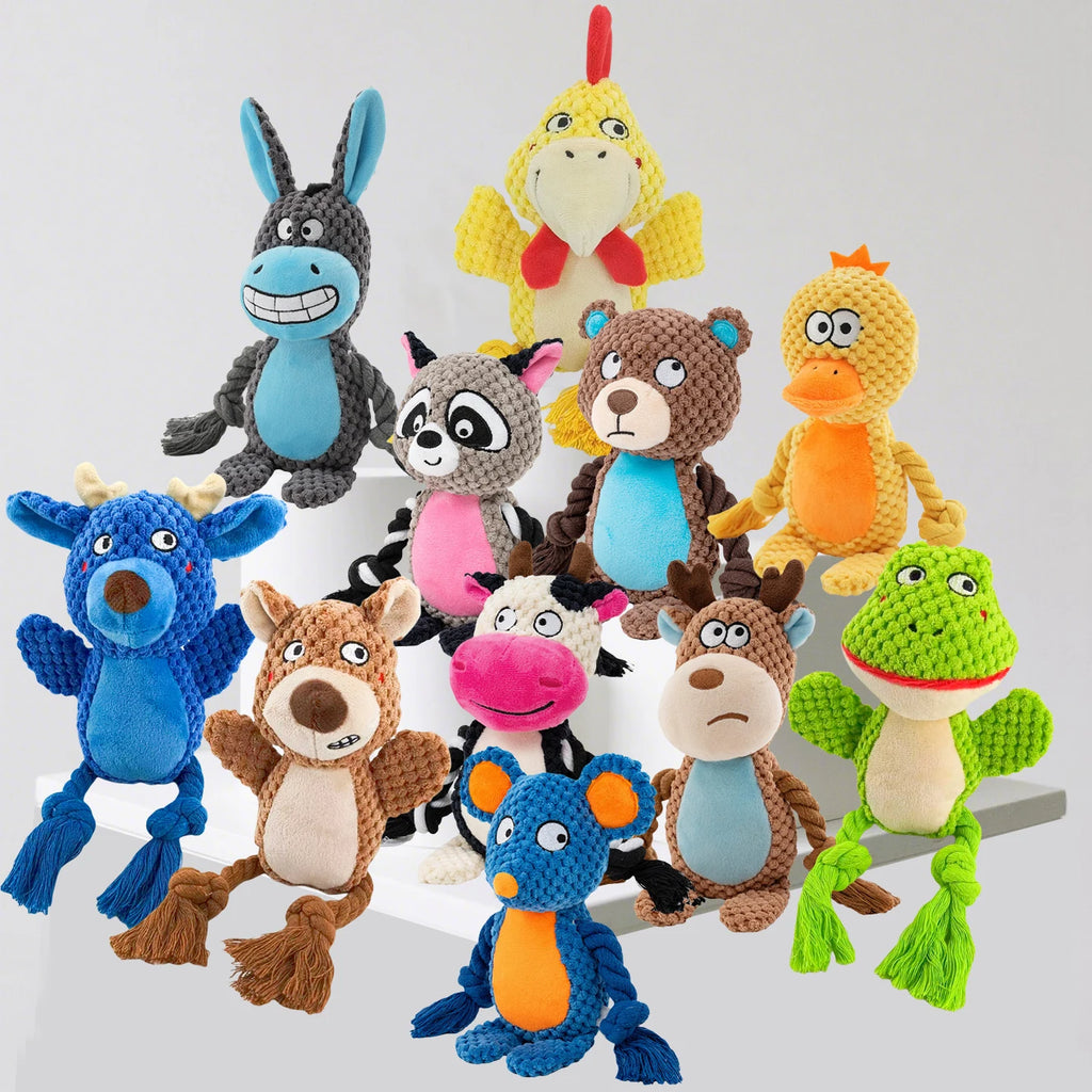 Animal Buddy Squeaker Dog Toy – Interactive Plush & Rope Chew for Puppies & Adults
