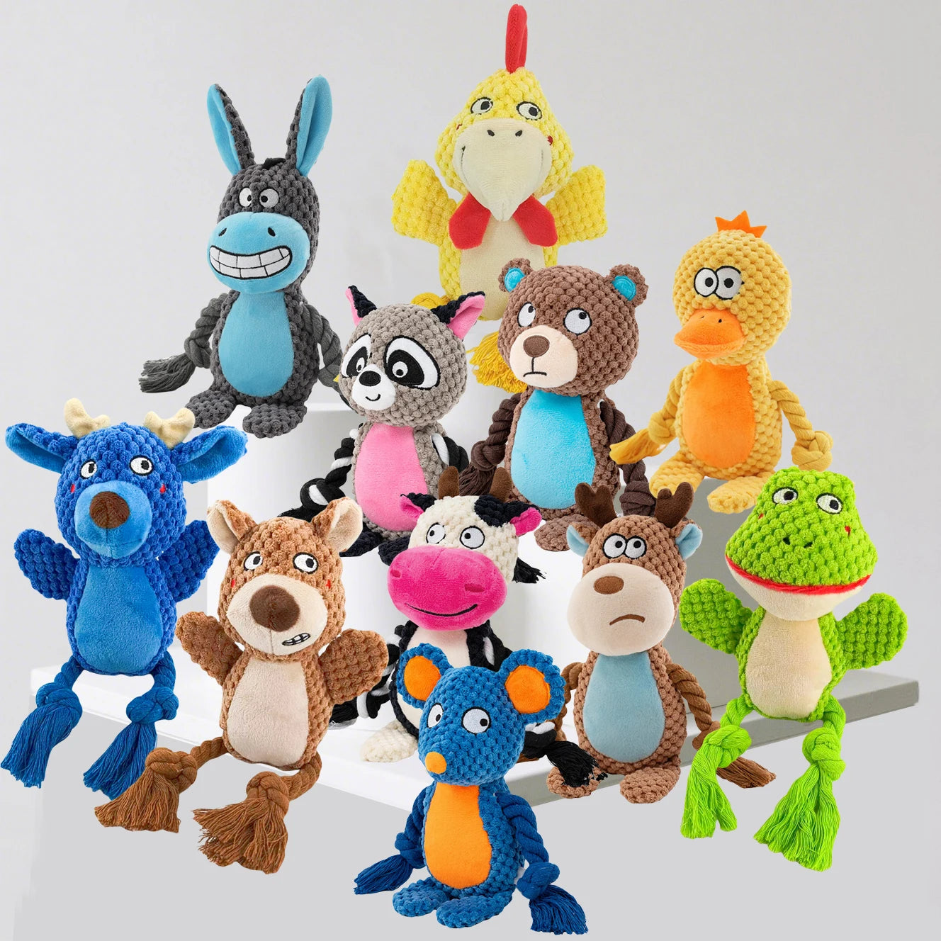 Juguete interactivo para perros Animal Buddy Squeaker: peluche y cuerda para masticar para cachorros y adultos