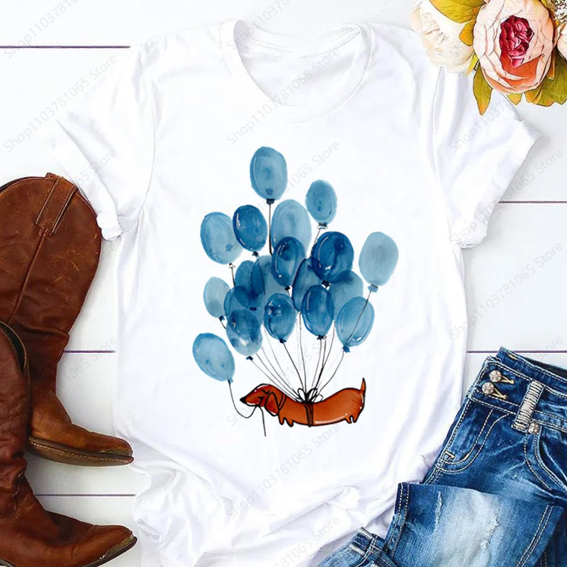Dachshund Cute Dog T-shirt for Women Short Sleeve Casual Tops Ladies