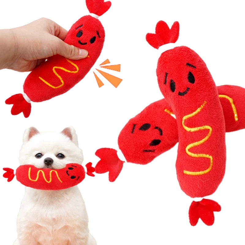 Peluche "Hot Dog" con sonido chirriante: juguete interactivo de vellón para masticar y rechinar los dientes para cachorros.