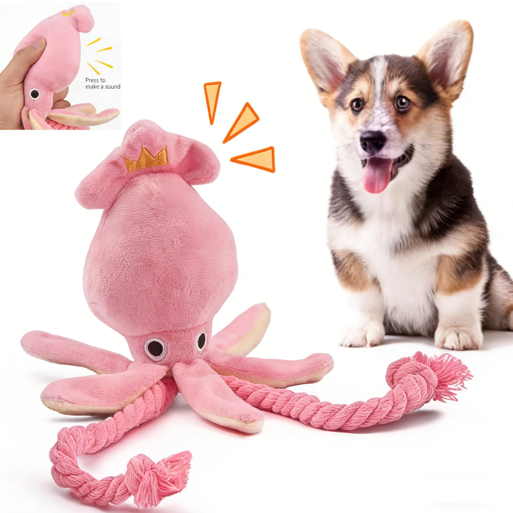 Deep-Sea Squid Dog Toy – Squeaky Plush & Dental Rope Interactive Chew