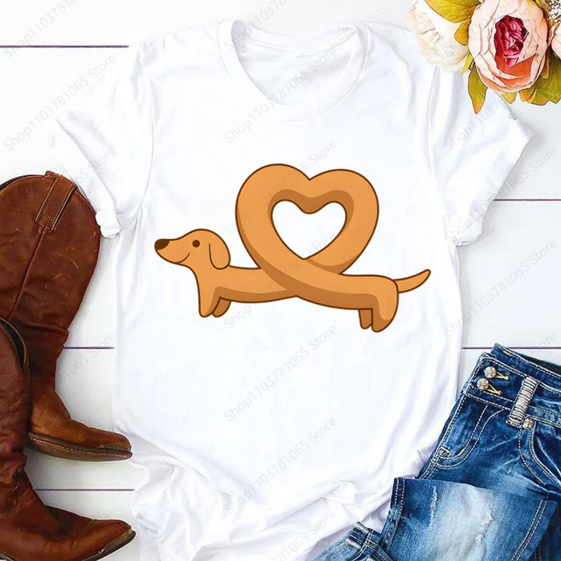 Dachshund Cute Dog T-shirt for Women Short Sleeve Casual Tops Ladies