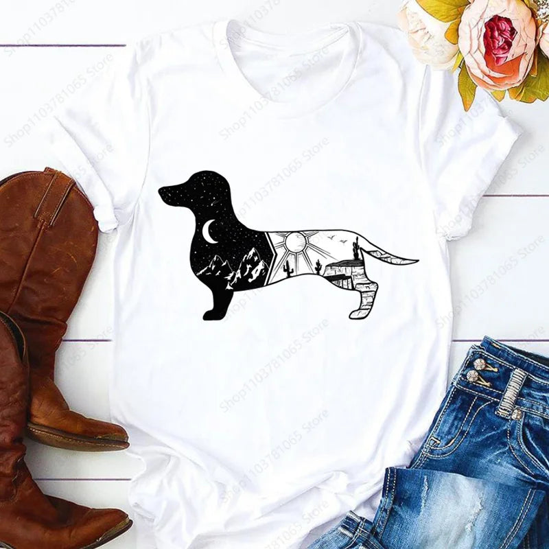 Dachshund Teckel Cute Dog T-shirt for Women Short Sleeve Casual Tops Ladies  Anime T Shirt Printed White T Shirt Women Tees