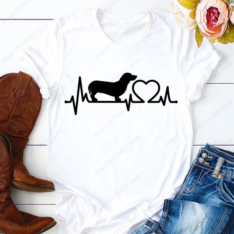Dachshund Cute Dog T-shirt for Women Short Sleeve Casual Tops Ladies