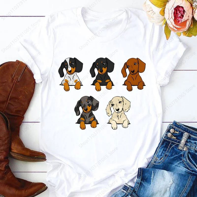 Dachshund Teckel Cute Dog T-shirt for Women Short Sleeve Casual Tops Ladies  Anime T Shirt Printed White T Shirt Women Tees
