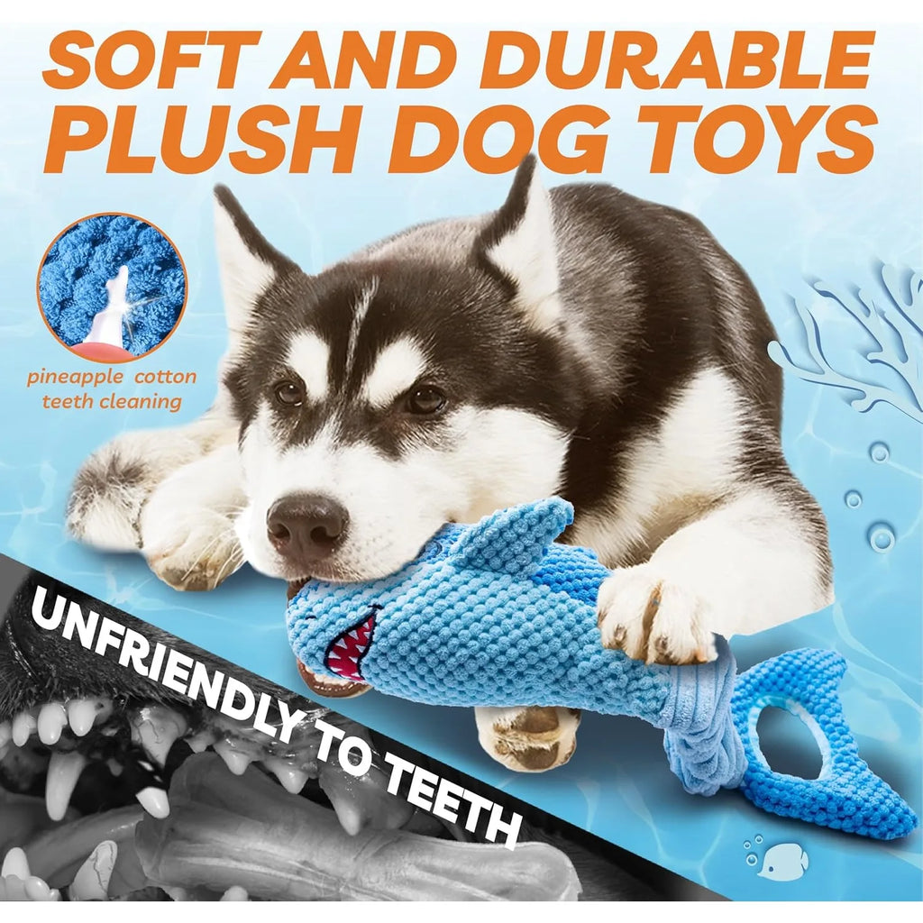 Stretchy Shark Squeaker Dog Toy – Interactive Tug & Heavy-Duty Plush Chew