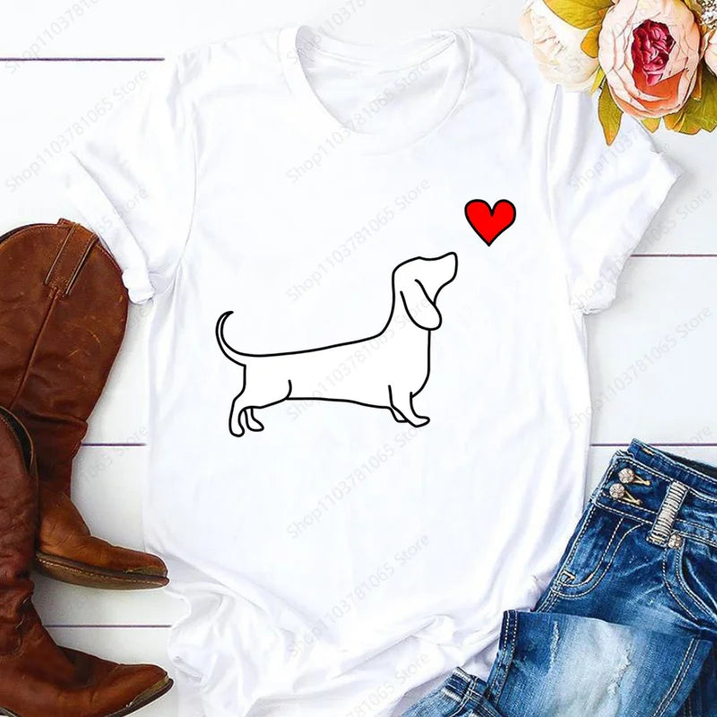 Dachshund Teckel Cute Dog T-shirt for Women Short Sleeve Casual Tops Ladies  Anime T Shirt Printed White T Shirt Women Tees