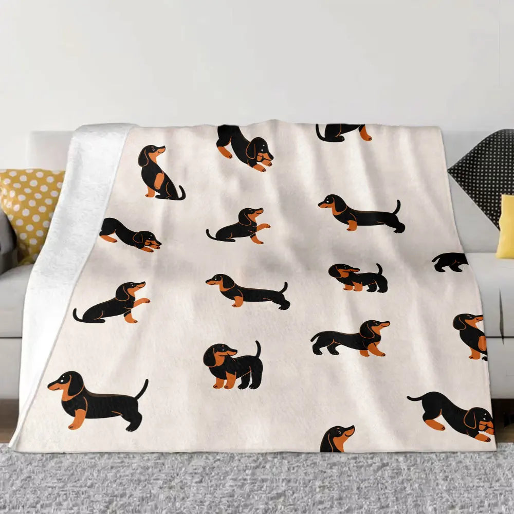 Dachshund Pattern Blanket - Soft and Cosy Printed Throw with Black & Tan Doxies in Playful Poses on Beige Background, Perfect