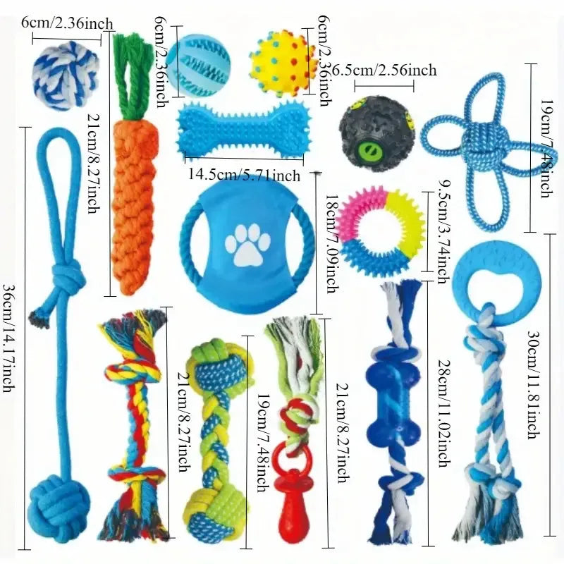Ultimate 15-Piece Dog Toy Variety Bundle – Durable Rope Tugs, Rubber Balls, Chew Sticks & More