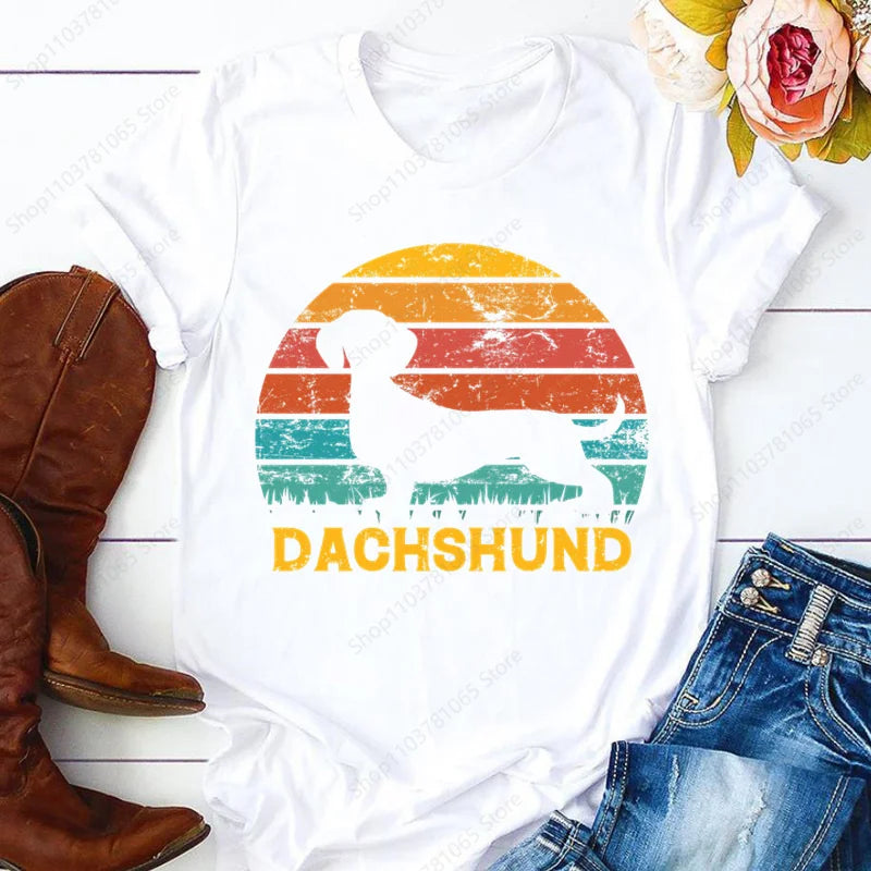 Dachshund Teckel Cute Dog T-shirt for Women Short Sleeve Casual Tops Ladies  Anime T Shirt Printed White T Shirt Women Tees