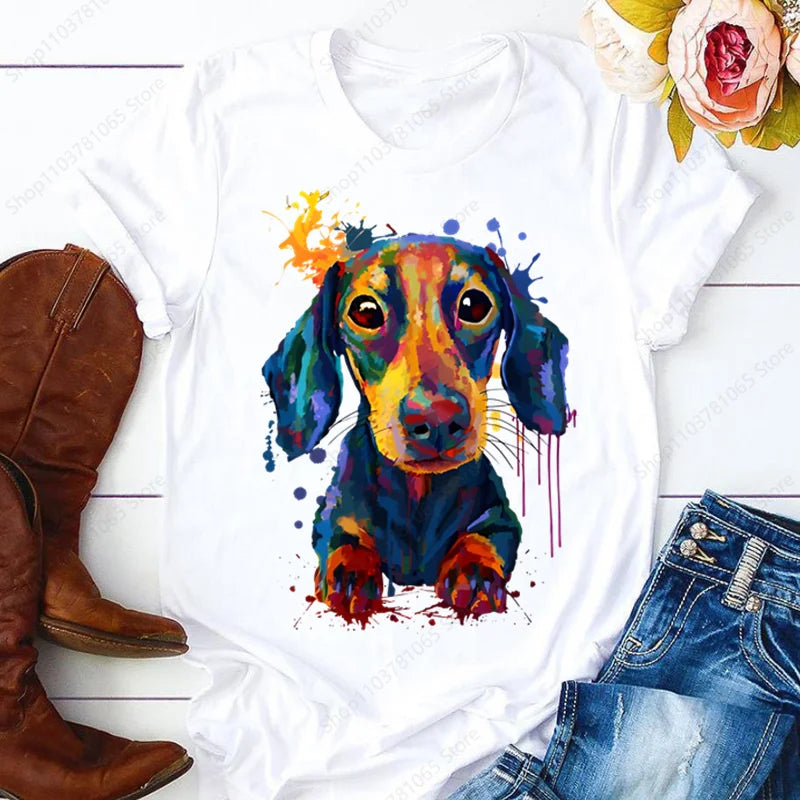 Dachshund Teckel Cute Dog T-shirt for Women Short Sleeve Casual Tops Ladies  Anime T Shirt Printed White T Shirt Women Tees