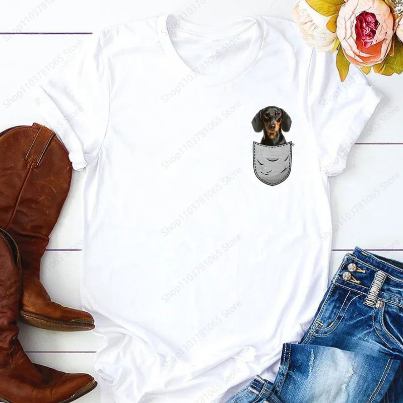 Dachshund Teckel Cute Dog T-shirt for Women Short Sleeve Casual Tops Ladies  Anime T Shirt Printed White T Shirt Women Tees