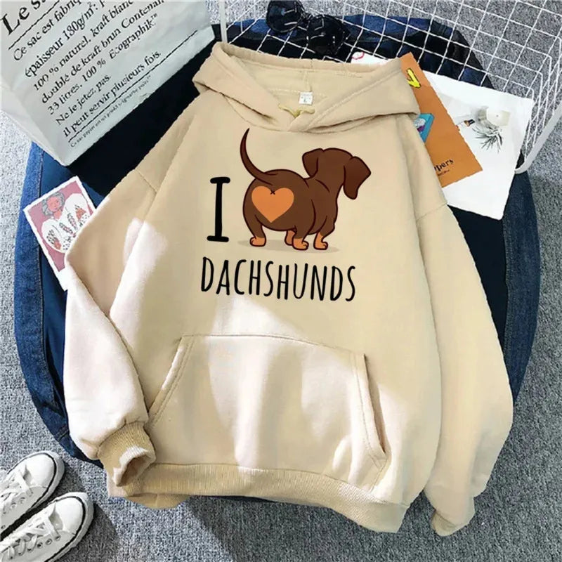 "I ❤️ Dachshunds" Cozy Fleece Hoodie – Oversized Pullover with Cute Doxie Graphic