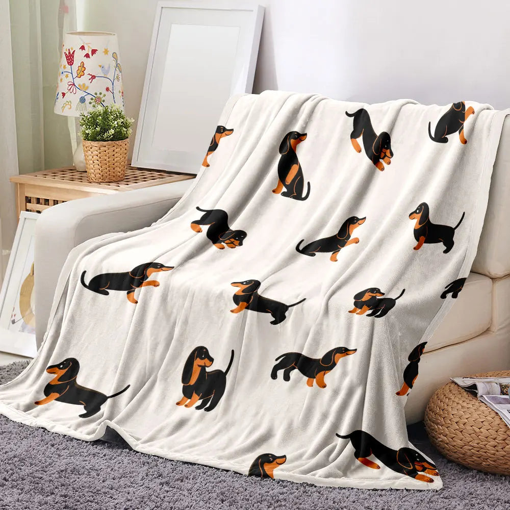 Dachshund Pattern Blanket - Soft and Cosy Printed Throw with Black & Tan Doxies in Playful Poses on Beige Background, Perfect