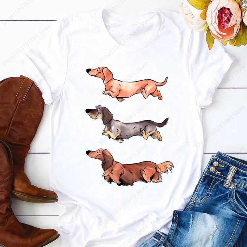 Dachshund Cute Dog T-shirt for Women Short Sleeve Casual Tops Ladies