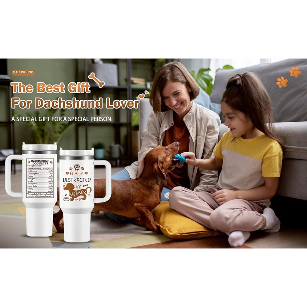 40oz Dachshund-Themed Stainless Steel Tumbler with Handle and Straw Lid – Ideal Gift for Dog Lovers, Wiener Dog Facts Design, Leak-Proof, Double-Wall Vacuum Insulated, Includes Cleaning Brush