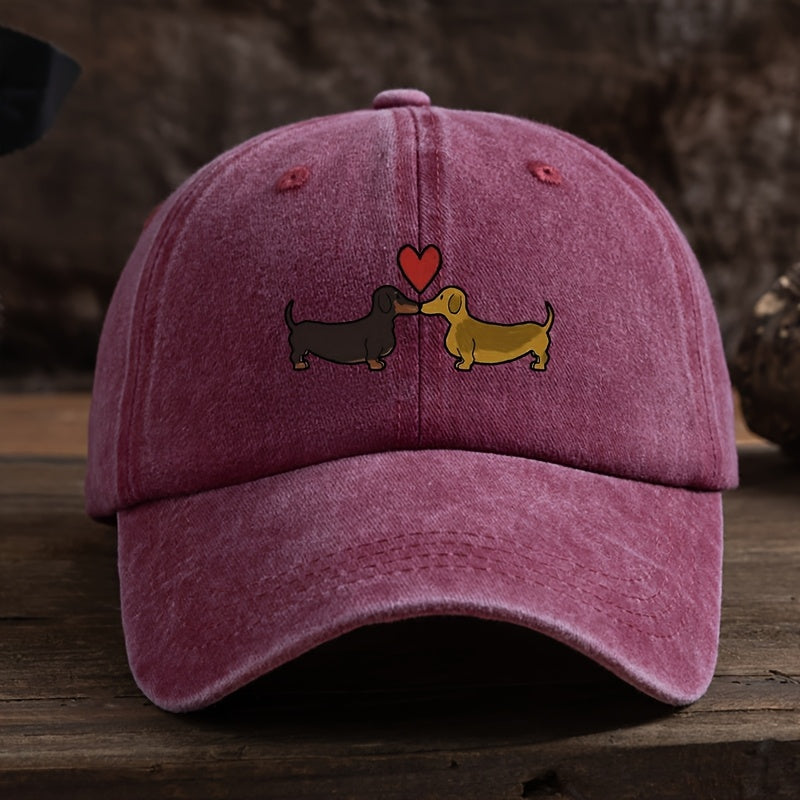 1 Vintage-Style Black Baseball Cap with Adorable Dachshund & Heart Cartoon Print - Breathable, Sun-Protective, Machine Washable Textured Fabric Hat for Outdoor Fashion