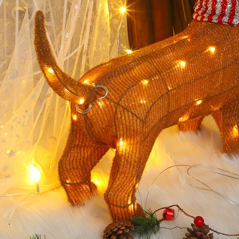 Lighted Dachshund Dog Christmas Decoration, Non-White Light Fabric Animal Holiday Display, Freestanding Battery-Powered Seasonal Decor with Santa Hat and Scarf, No Remote/Batteries - Festive Indoor/Outdoor Ornament