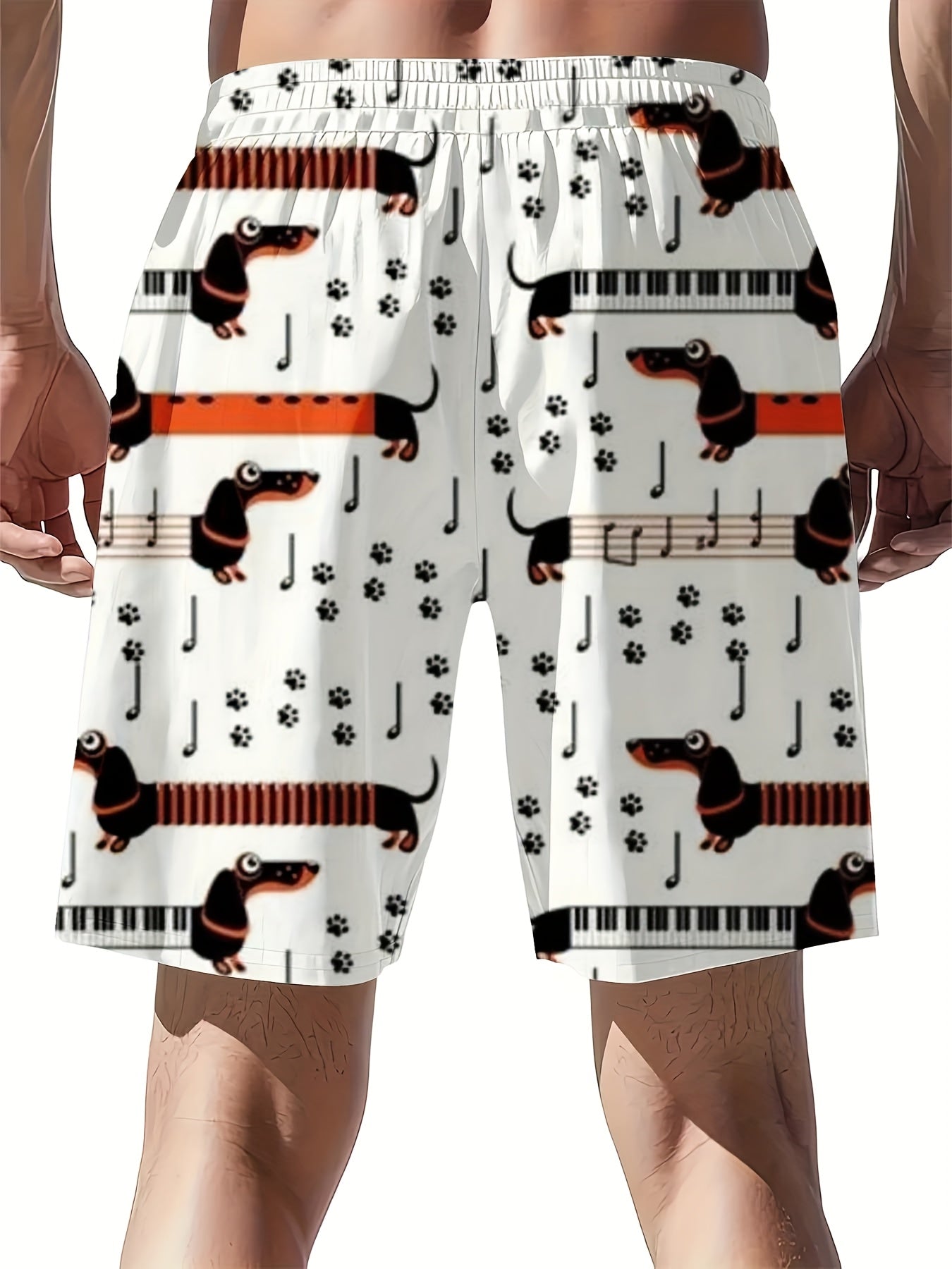 Men'S Casual Loose Fit Shorts with Vibrant 3D Print - Musical Note & Dachshund Design, Drawstring Waist, Lightweight Summer Fashion, Perfect for Casual Attire, Relaxed Outing Attire | Playful Print Shorts | Comfortable Fit