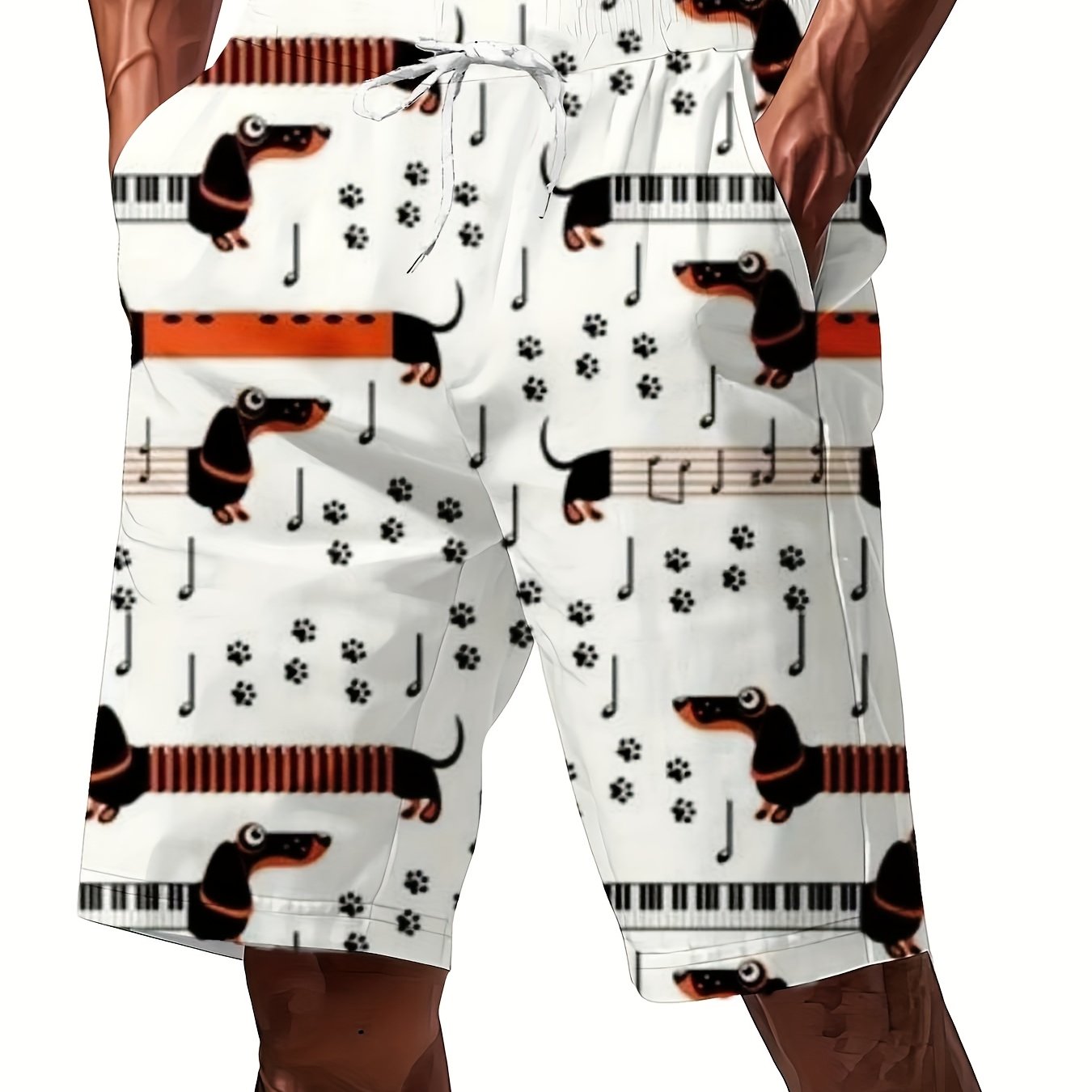 Men'S Casual Loose Fit Shorts with Vibrant 3D Print - Musical Note & Dachshund Design, Drawstring Waist, Lightweight Summer Fashion, Perfect for Casual Attire, Relaxed Outing Attire | Playful Print Shorts | Comfortable Fit