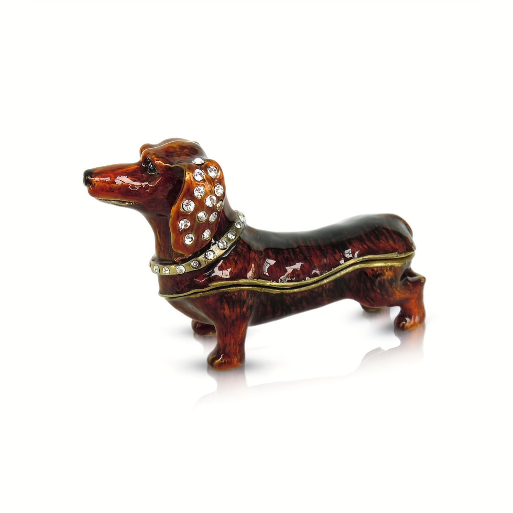 1pc Alloy Steel Bejeweled Dachshund Figurine Trinket Box - Miniature Puppy Sculpture with Glass Hinged Storage, Earrings & Ring Holder for Christmas Decor, Ideal Xmas Gift Ornament