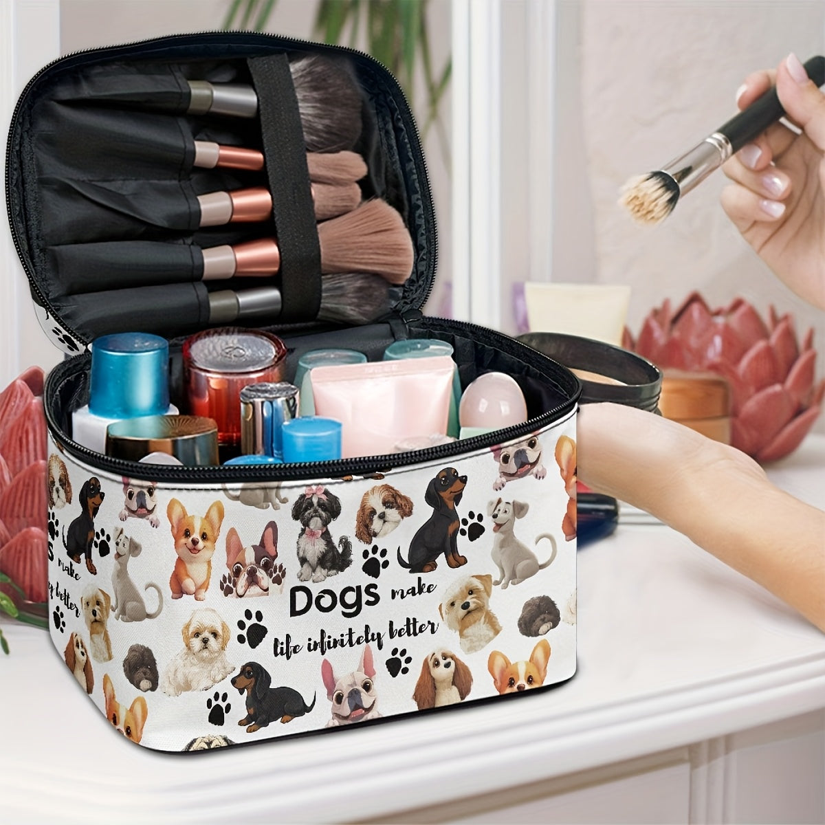 1pc Dachshund & Cat Pattern Handbag Cosmetic Bag, Portable Travel Makeup Organizer with Brush and Accessory Storage, Large Capacity Toiletry Case, Cute Fashionable Polyester Makeup Pouch