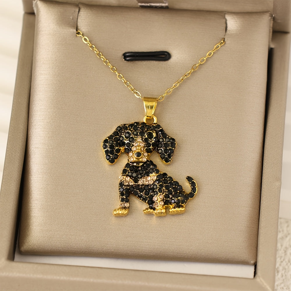 Chic Golden Dachshund Rhinestone Pendant Necklace - Exquisite Pet Dog Memorial Jewelry Gift for Women, Fashion Alloy with Cubic Zirconia