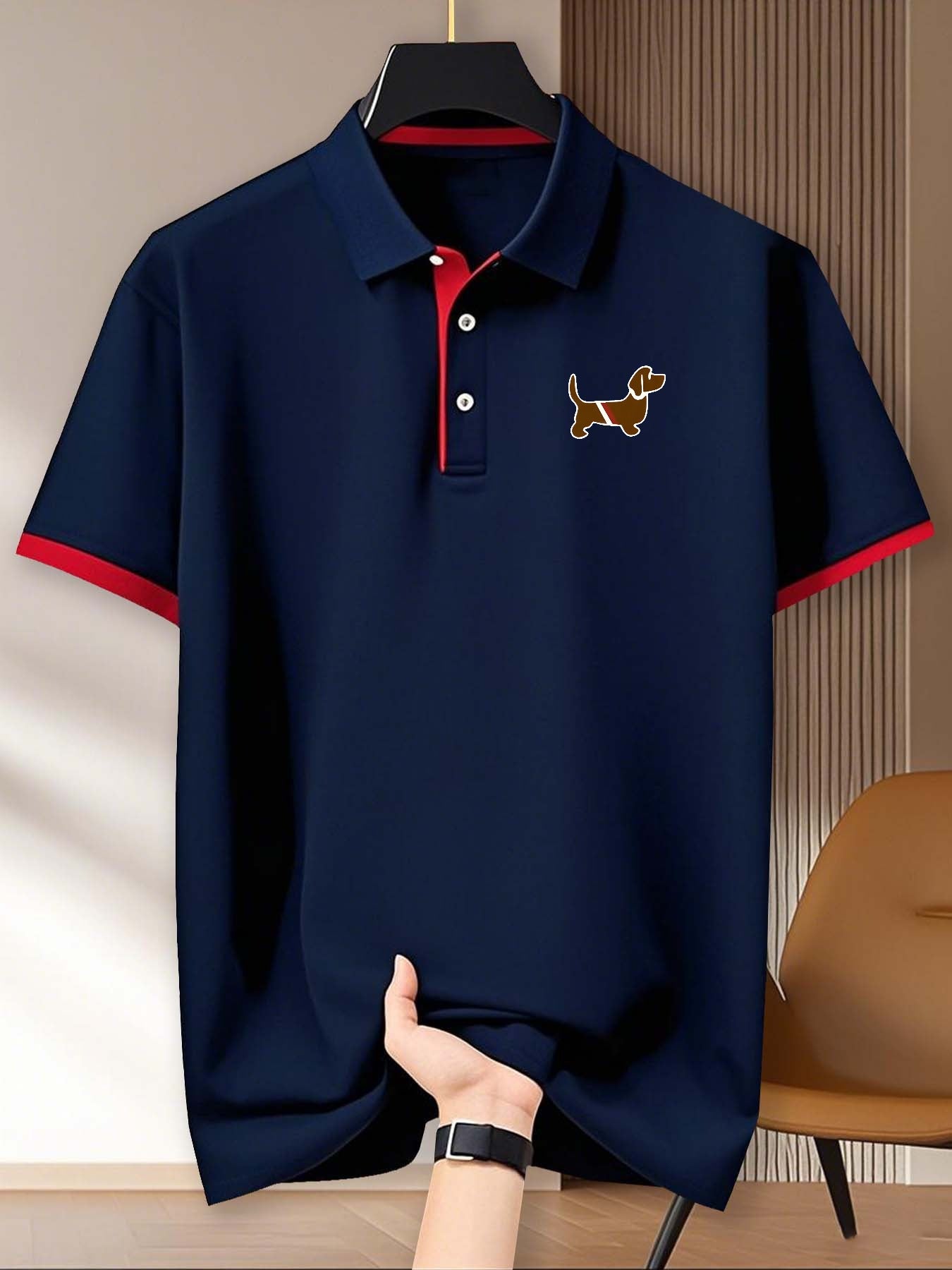 Dachshund Print Men'S Casual Polo Shirt, Short Sleeve for Summer, 100% Polyester, Vacation And Leisure, Comfortable Outdoor Golf Wear, Suitable for Gym, Fitness, Running, And Training, Business Casual Gift for Father And Boyf