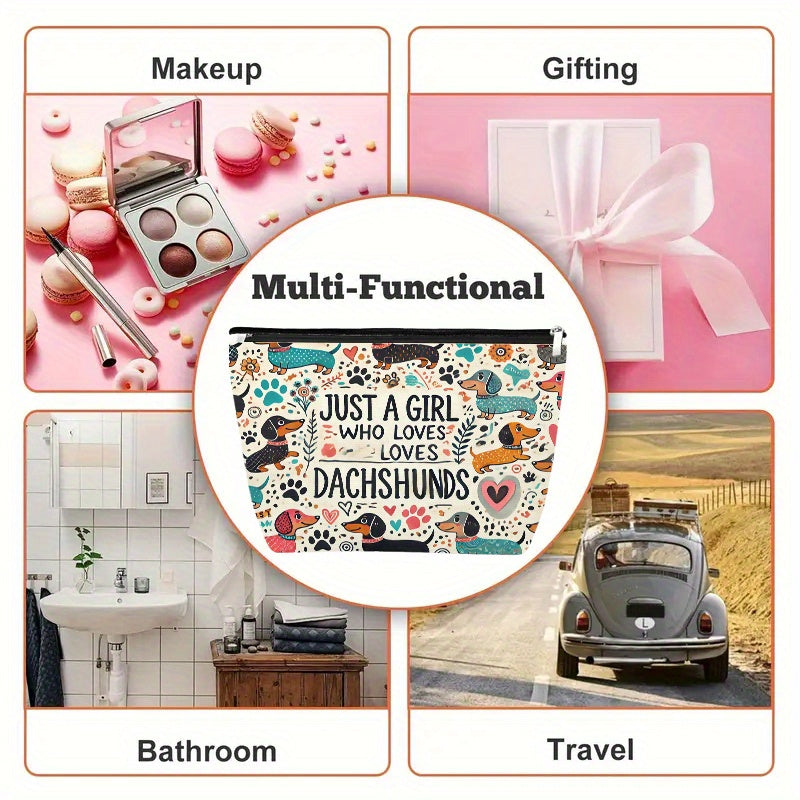 Dachshund-Themed Linen Makeup Bag - "Just a Girl Who Loves Dachshunds" Design, Odorless, Secure Zipper Closure, Multi-Functional Travel Cosmetic Pouch for Women, Ideal Gift for Christmas, Birthdays, Graduations, Travel Makeup