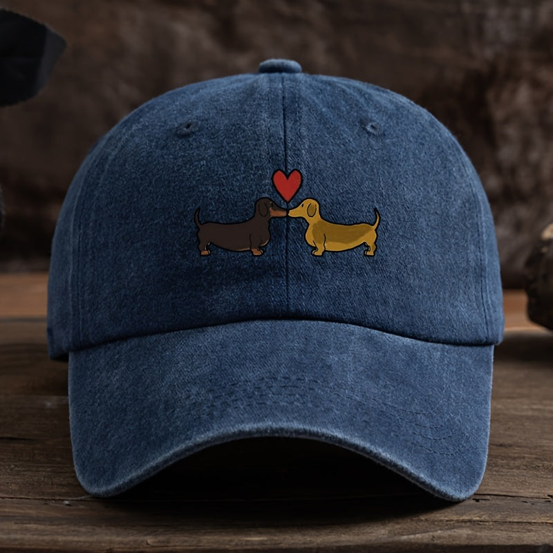1 Vintage-Style Black Baseball Cap with Adorable Dachshund & Heart Cartoon Print - Breathable, Sun-Protective, Machine Washable Textured Fabric Hat for Outdoor Fashion