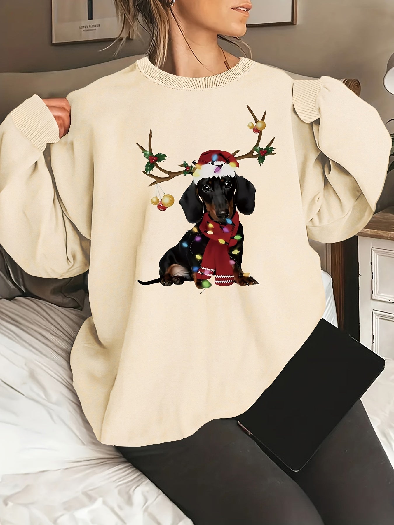 Cozy Women's Festive Dachshund Print Sweatshirt - Polyester Crew Neck Casual Knit Fabric Animal Pattern Regular Length Fashion Top for All Seasons