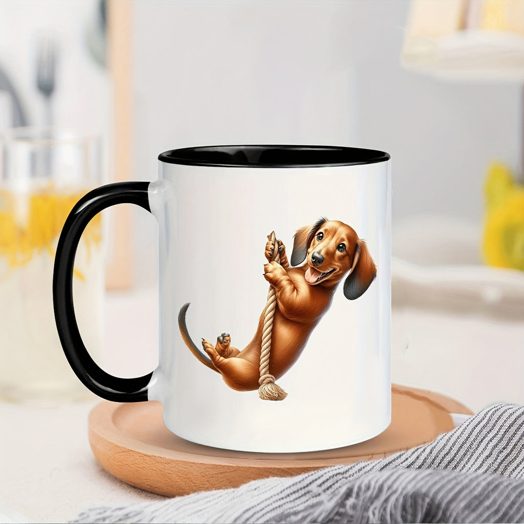 Ceramic Insulated Coffee Mug 11oz | Playful Dachshund Double-Sided Print | Microwave & Dishwasher Safe Mug for Home, Office, Party | Unique Gift for Men, Husband, Dad | 1 Piece