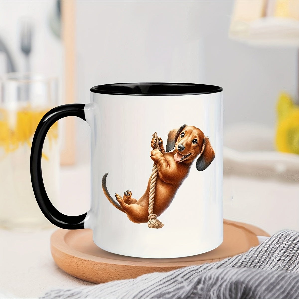 Ceramic Insulated Coffee Mug 11oz | Playful Dachshund Double-Sided Print | Microwave & Dishwasher Safe Mug for Home, Office, Party | Unique Gift for Men, Husband, Dad | 1 Piece