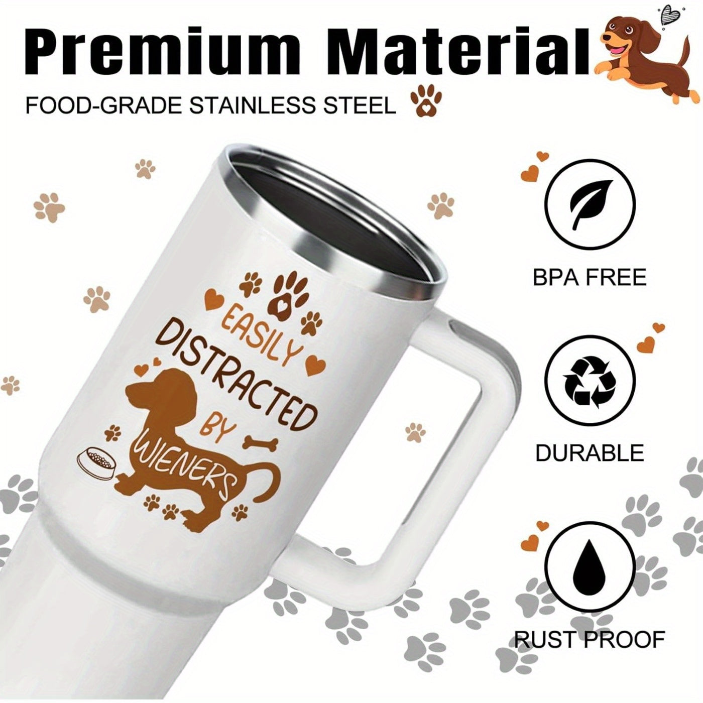 Vaso de acero inoxidable de 113 ml con diseño de perro salchicha, asa y tapa con pajita: regalo ideal para amantes de los perros. Diseño con datos sobre la salchicha, a prueba de fugas, aislamiento al vacío de doble pared, incluye cepillo de limpieza.