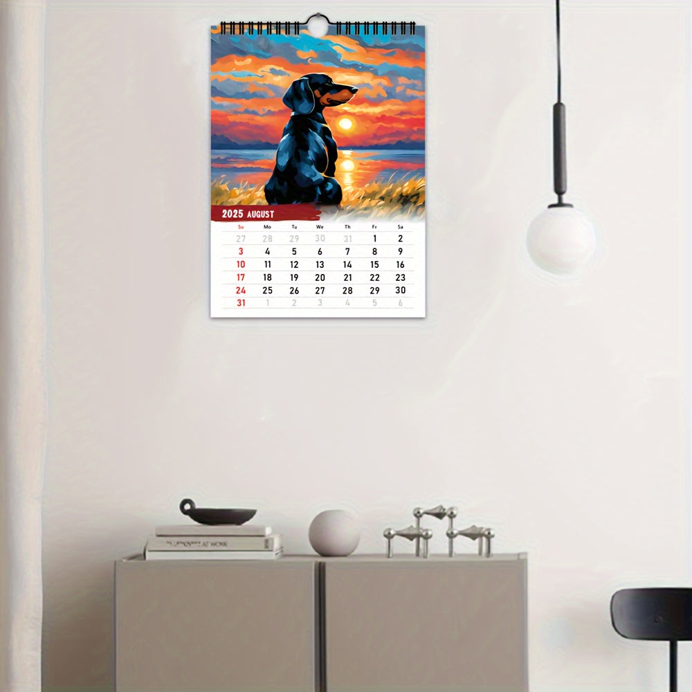 Calendario de pared con un perro salchicha adorable para 2025, un divertido regalo de Navidad.