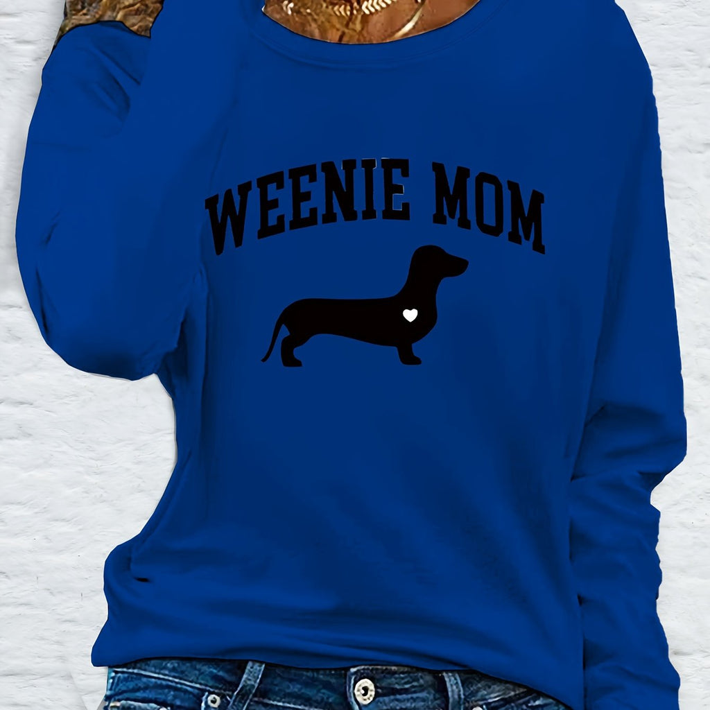 1pc Women'S Casual Long Sleeve T-Shirt with "Weenie Mom" Dachshund Print, Polyester Crew Neck Top for Spring & Fall, Regular Fit Letter Print Tee