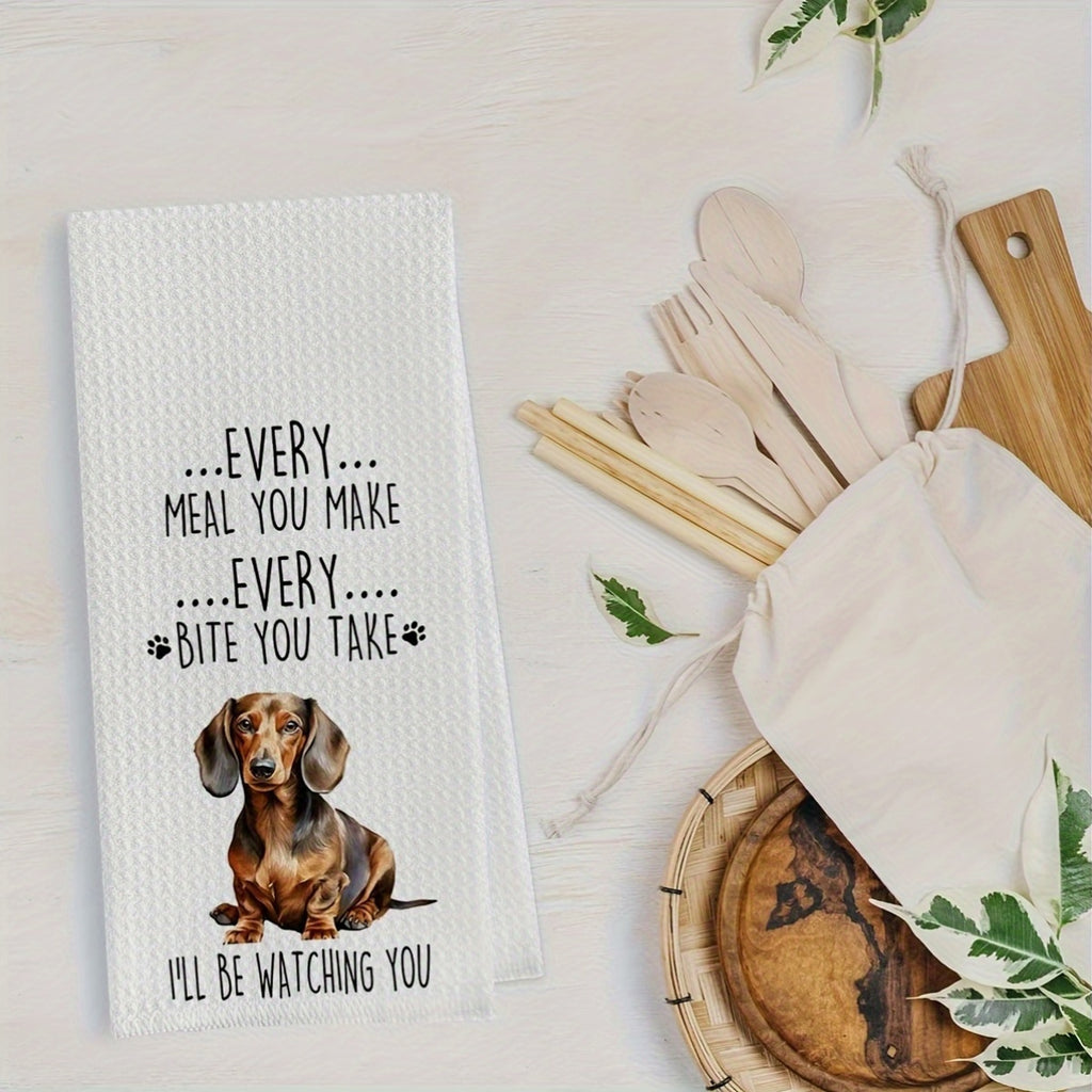 Dachshund Themed Polyester Dish Towels Set - 2 Pack, Waffle Weave Kitchen Hand Towels with Cute Dachshund Prints, Humorous Dog-Themed Gift for Pet Lovers
