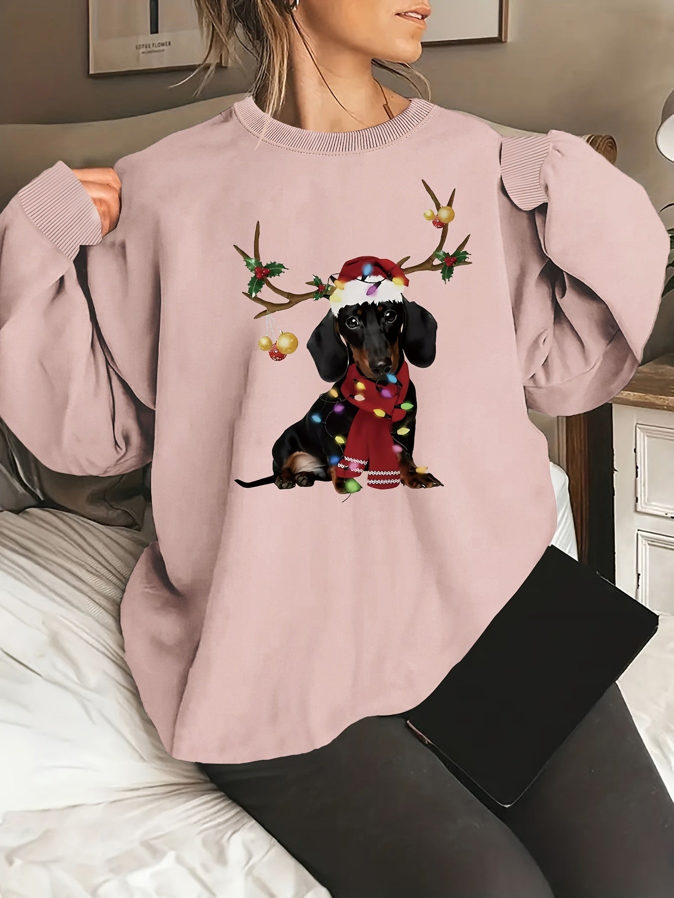 Cozy Women's Festive Dachshund Print Sweatshirt - Polyester Crew Neck Casual Knit Fabric Animal Pattern Regular Length Fashion Top for All Seasons