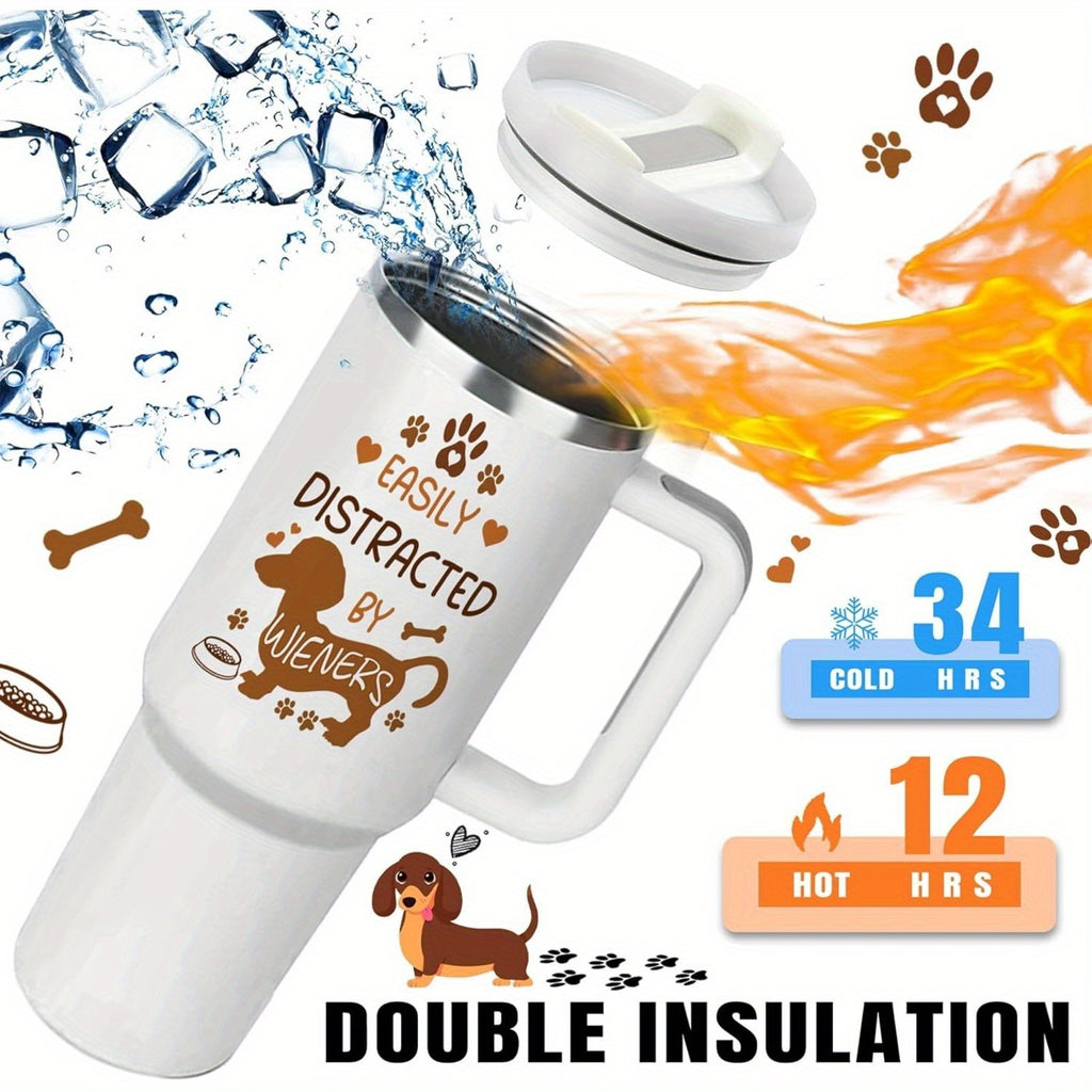 40oz Dachshund-Themed Stainless Steel Tumbler with Handle and Straw Lid – Ideal Gift for Dog Lovers, Wiener Dog Facts Design, Leak-Proof, Double-Wall Vacuum Insulated, Includes Cleaning Brush
