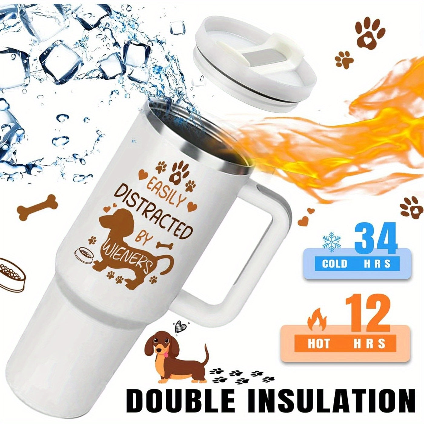 Vaso de acero inoxidable de 113 ml con diseño de perro salchicha, asa y tapa con pajita: regalo ideal para amantes de los perros. Diseño con datos sobre la salchicha, a prueba de fugas, aislamiento al vacío de doble pared, incluye cepillo de limpieza.