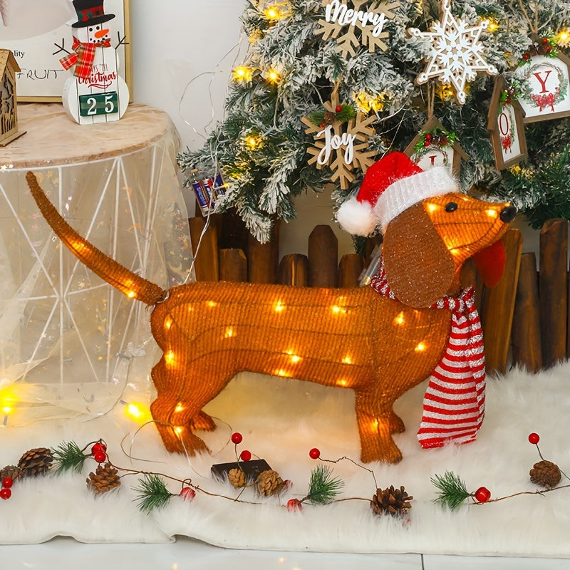 Lighted Dachshund Dog Christmas Decoration, Non-White Light Fabric Animal Holiday Display, Freestanding Battery-Powered Seasonal Decor with Santa Hat and Scarf, No Remote/Batteries - Festive Indoor/Outdoor Ornament