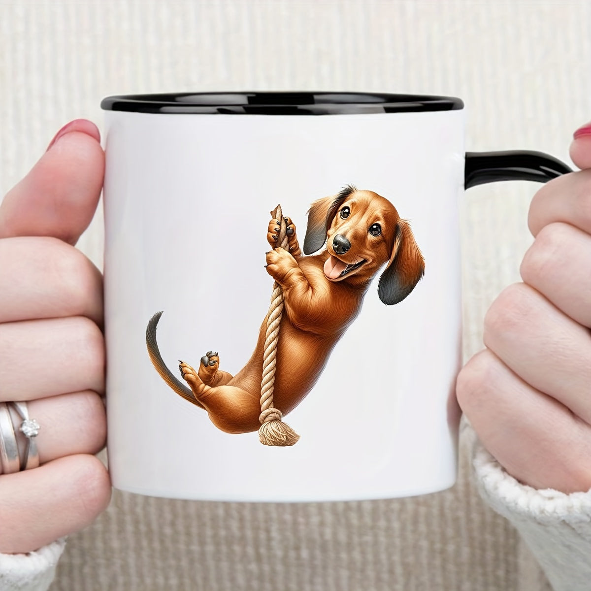 Ceramic Insulated Coffee Mug 11oz | Playful Dachshund Double-Sided Print | Microwave & Dishwasher Safe Mug for Home, Office, Party | Unique Gift for Men, Husband, Dad | 1 Piece