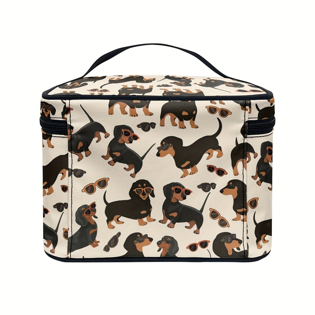 1pc Dachshund & Cat Pattern Handbag Cosmetic Bag, Portable Travel Makeup Organizer with Brush and Accessory Storage, Large Capacity Toiletry Case, Cute Fashionable Polyester Makeup Pouch