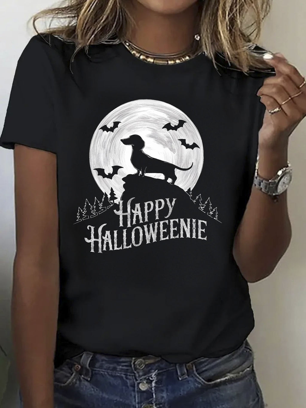 100% Pure, Dachshund Happy Pattern Printed T-Shirt for Spring And Summer Round Neck Short Sleeved Women'S T-Shirt, Pure Breathable Casual Sports Top, Holiday Gift