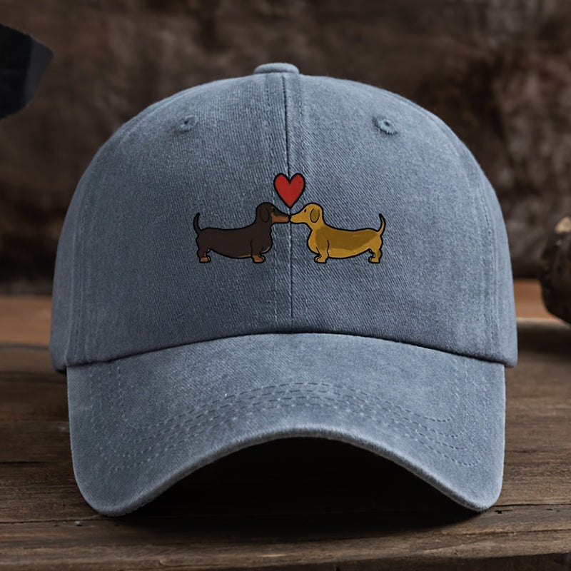1 Vintage-Style Black Baseball Cap with Adorable Dachshund & Heart Cartoon Print - Breathable, Sun-Protective, Machine Washable Textured Fabric Hat for Outdoor Fashion