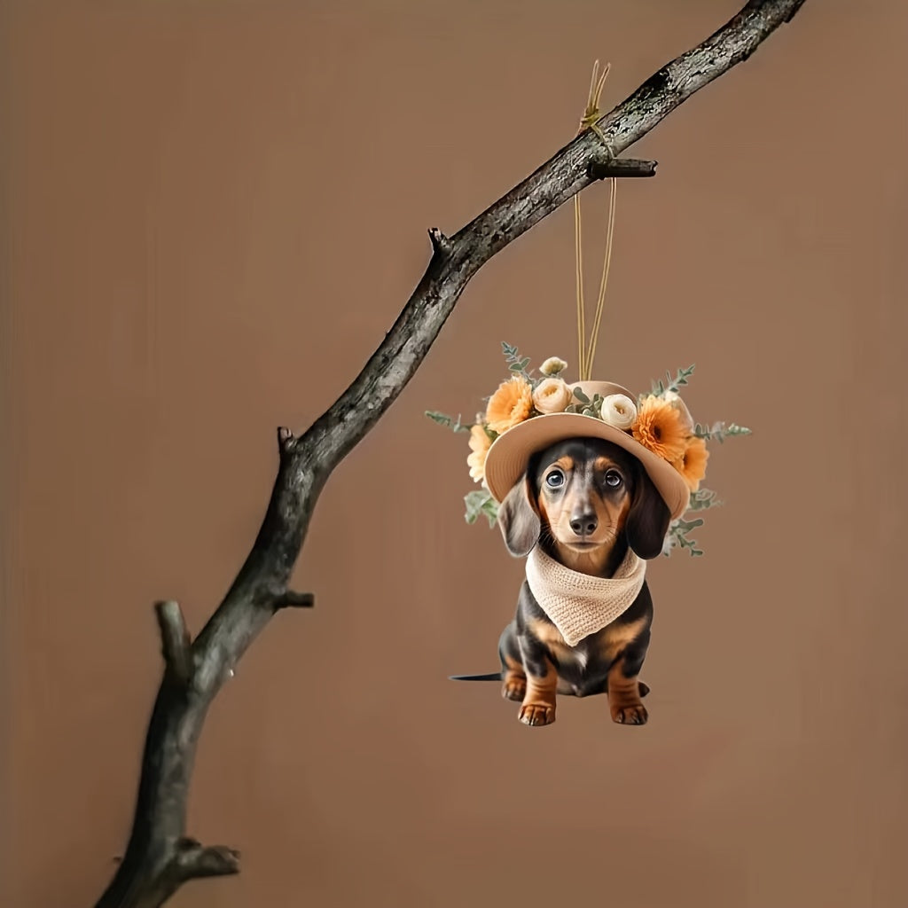 Dachshund Acrylic Hanging Ornament – Festive Doxie Charm for Cars, Trees, & Bags