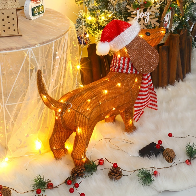 Lighted Dachshund Dog Christmas Decoration, Non-White Light Fabric Animal Holiday Display, Freestanding Battery-Powered Seasonal Decor with Santa Hat and Scarf, No Remote/Batteries - Festive Indoor/Outdoor Ornament